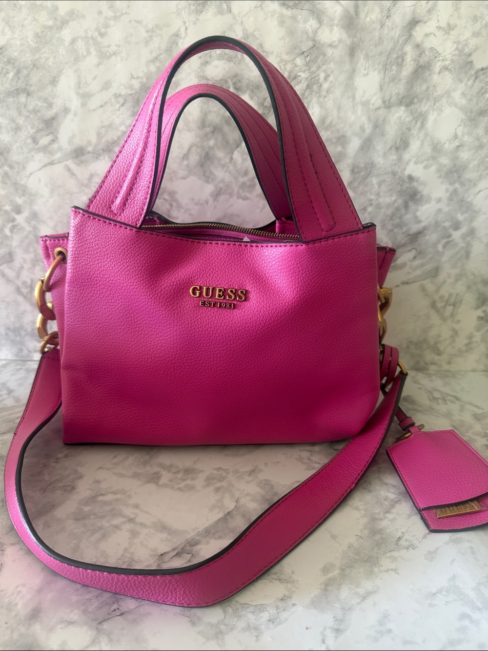 GUESS Fuchsia Leather Satchel with Gold Hardware Euc